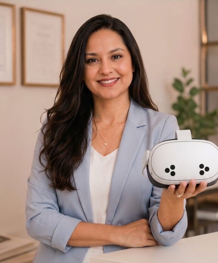 Dra. Silvia Patrycia com os óculos de realidade virtual usados na avaliação neuropsicológica, em Goiânia